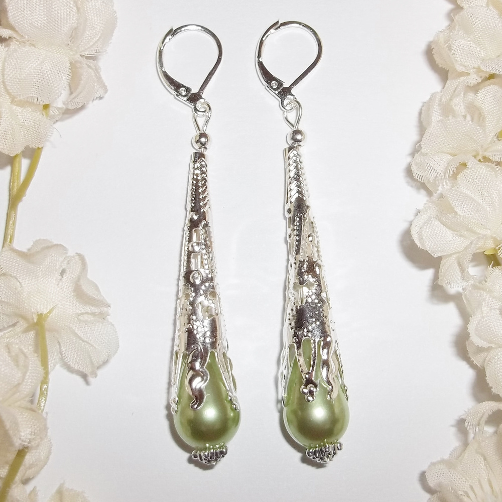 Long Green Silver Pearl Earrings Handmade NWT Earring Earring Earring Set 4971